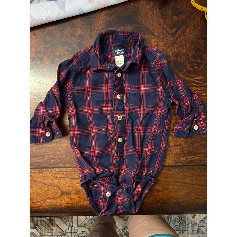 OshKosh Bgosh Baby Boys Navy Red Plaid Flannel Long Sleeve Bodysuit 18 Months